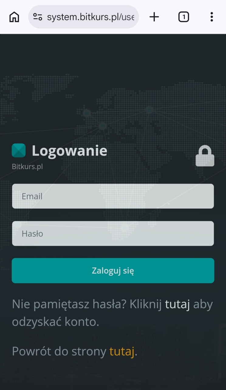 Strona główna bitkurs.pl z przyciskiem Zaloguj