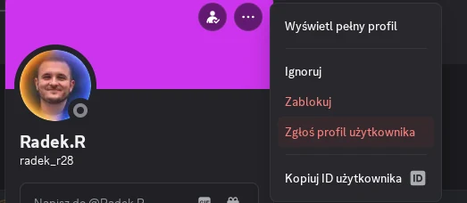 Krok 2 — menu profilu z opcją Zgłoś profil użytkownika