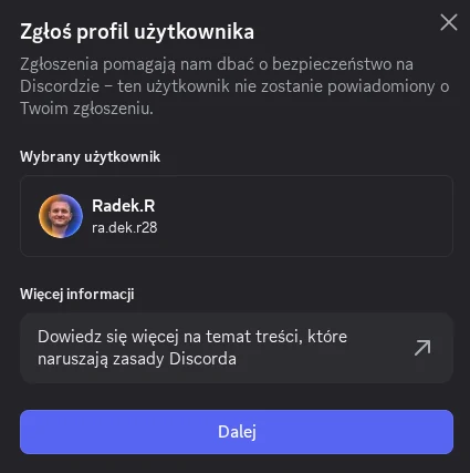 Krok 3 — okno Zgłoś profil użytkownika z przyciskiem Dalej