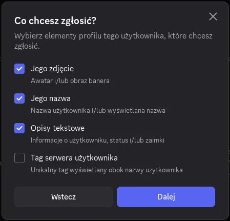Krok 4 — okno Co chcesz zgłosić z zaznaczonymi checkboxami i przyciskiem Dalej