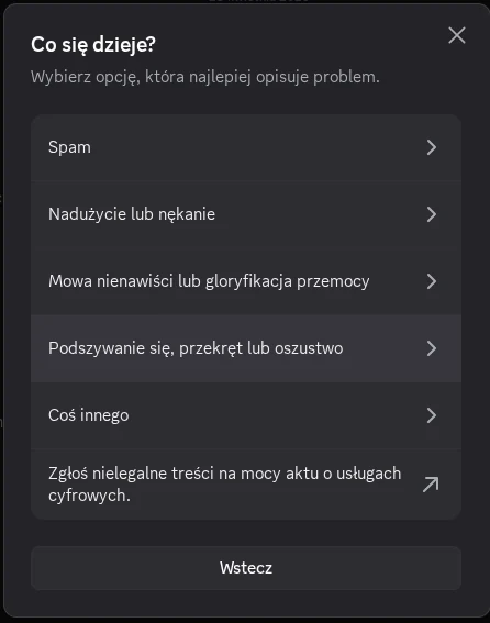 Krok 5 — lista opcji Co się dzieje z zaznaczoną opcją Podszywanie się, przekręt lub oszustwo