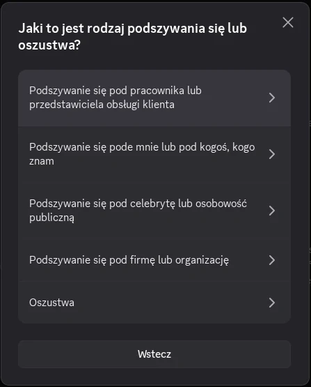 Krok 6 — lista typów podszywania z zaznaczoną opcją Podszywanie się pod pracownika lub przedstawiciela obsługi klienta
