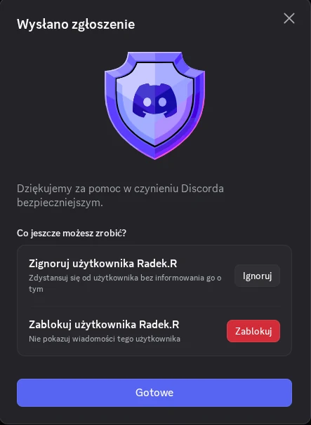 Krok 8 — ekran Wysłano zgłoszenie z tarczą Discorda i przyciskiem Gotowe